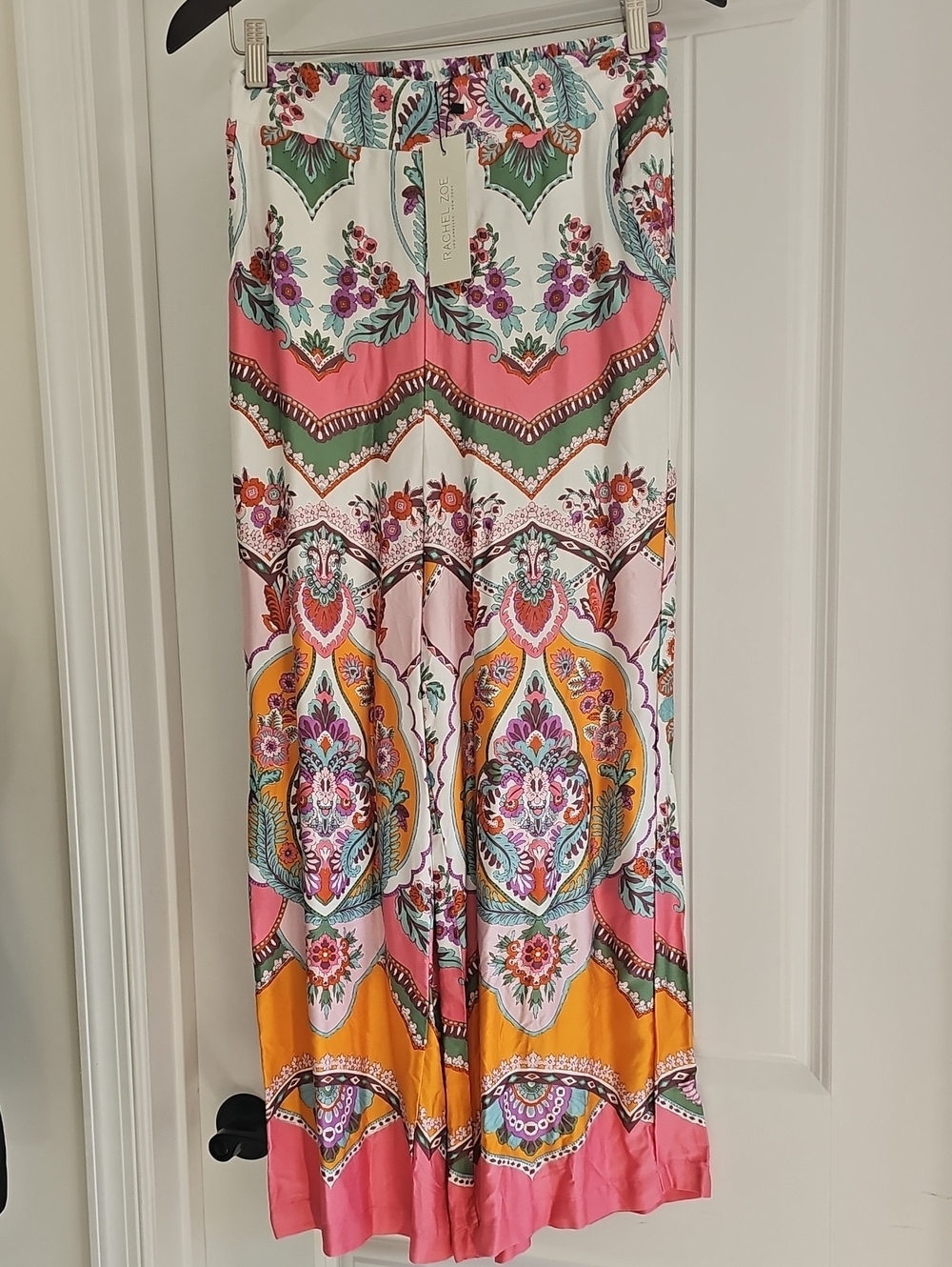 NWT Boho Palazzo Pants with Coral, Pink & Teal Print, Size Small